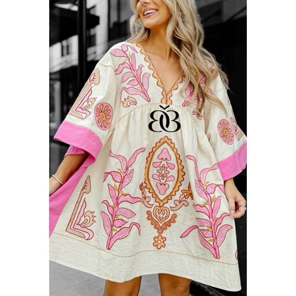 Elegant Pink and Cream Embroidered Mini Dress